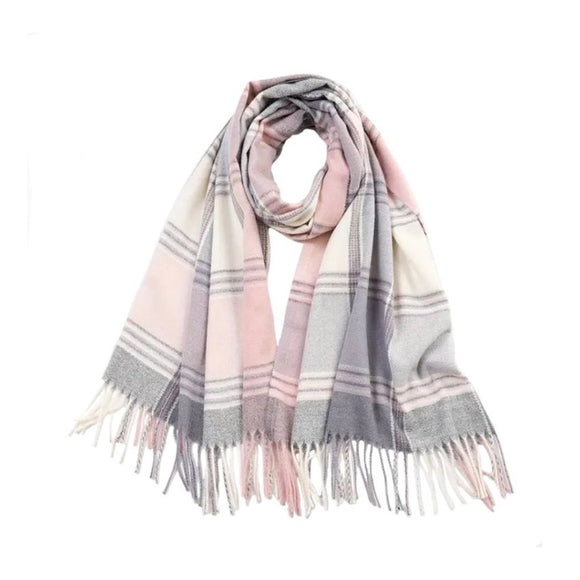 WINTER SCARF WITH TASSELS IN IVORY GREY AND PINK PLAID