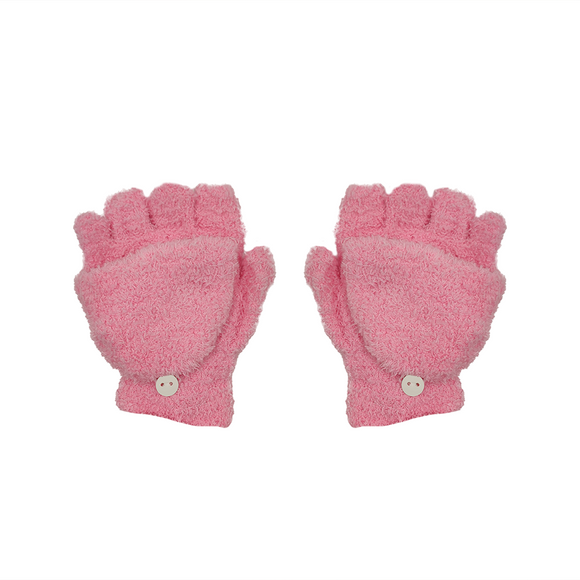 GLOVES FINGERLESS FLUFFY WITH FLIP TOP MITTEN COVER PINK