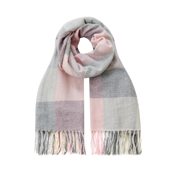WINTER SCARF WITH TASSELS IN GREY AND PINK PLAID