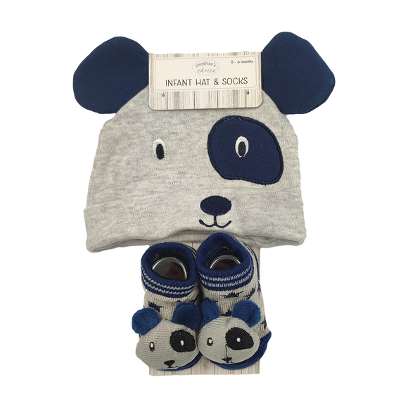 BABY HAT AND SOCK SET PUPPY BLUE AND GREY 0-6 MONTHS
