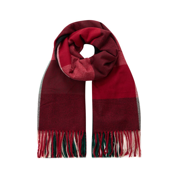 WINTER SCARF WITH TASSELS IN GREEN AND WINE RED PLAID