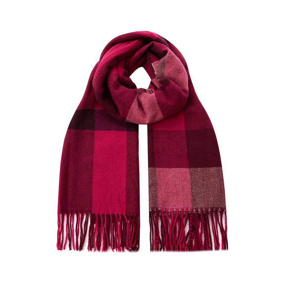 WINTER SCARF WITH TASSELS IN FUSCHIA AND WINE RED PLAID