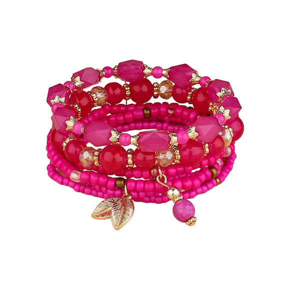 BRACELET 6 ROW FUSCHIA PINK WITH GOLD CLOVER