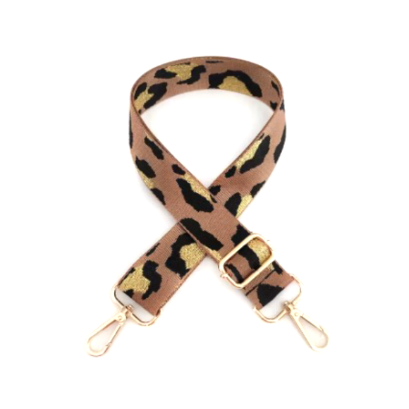 BAG STRAP LARGE LEOPARD PRINT BLACK AND GOLD ON COFFEE BROWN