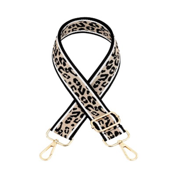 BAG STRAP LEOPARD PRINT BLACK ON NATURAL WITH BLACK EDGES