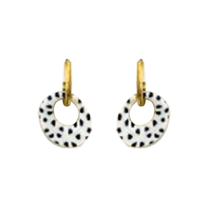 EARRING HOOP SILVER WITH 3D ROUND PENDANT WHITE BLACK LEOPARD FLECKS