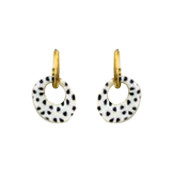 EARRING HOOP SILVER WITH 3D ROUND PENDANT WHITE BLACK LEOPARD FLECKS