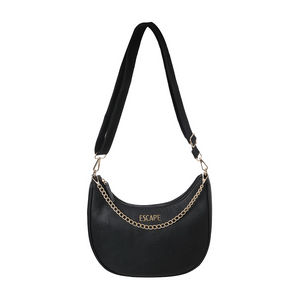 SHOULDER BAG HALF MOON WITH GOLD CHAIN & PLAIN WEBBING STRAP BLACK