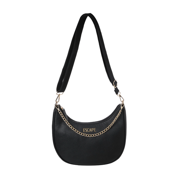 SHOULDER BAG HALF MOON WITH GOLD CHAIN & PLAIN WEBBING STRAP BLACK