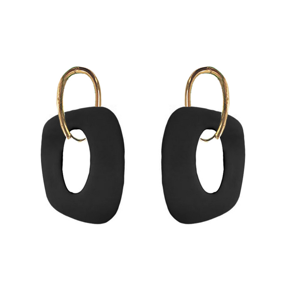 EARRING GOLD EGG SHAPE HOOP WITH RETRO PENDANT IN BLACK