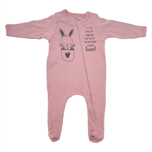BABY GROW LONG SLEEVE WITH ZIPPER DUSTY PINK BUNNY POCKET