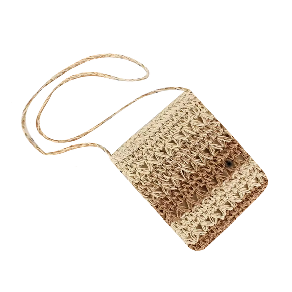 CROSS BODY BAG STRAW TWO TONE WOVEN CROCHET STYLE BROWN