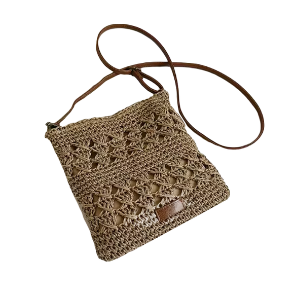 CROSS BODY BAG STRAW PATTERNED STRIPE WOVEN CROCHET STYLE BROWN