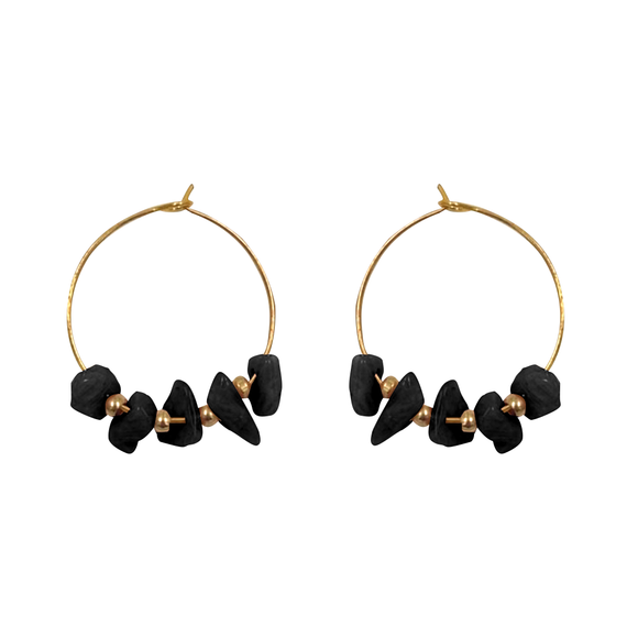 EARRING HOOP GOLD WITH STONE BEADS BLACK