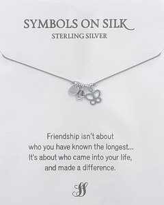 NECKLACE LITTLE TREASURES DISC CRYSTAL AND BUTTERFLY ON GREY SILK