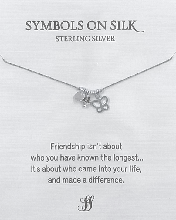 NECKLACE LITTLE TREASURES DISC CRYSTAL AND BUTTERFLY ON GREY SILK