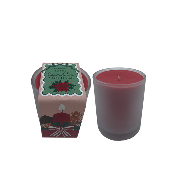 XMAS CANDLE IN FROSTED GLASS CANDY STORE CRANBERRY SCENTED