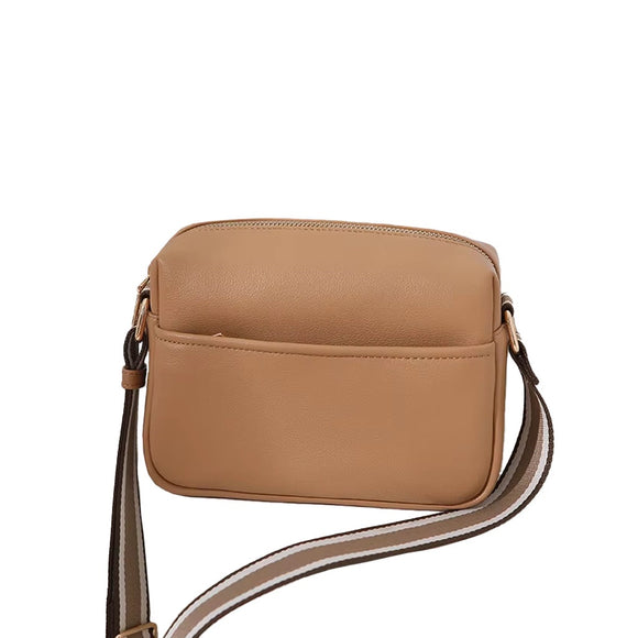BAG CAMERA CROSS BODY WITH BROWN AND BEIGE STRIPE STRAP PU LEATHER LIGHT BROWN