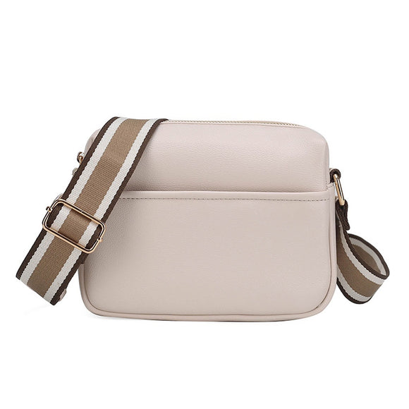 BAG CAMERA CROSS BODY WITH BROWN AND BEIGE STRIPE STRAP PU LEATHER BEIGE