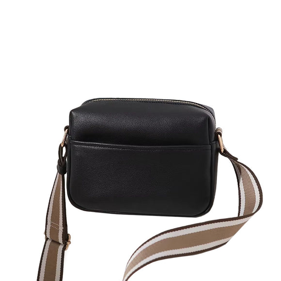 BAG CAMERA CROSS BODY WITH BROWN AND BEIGE STRIPE STRAP PU LEATHER BLACK