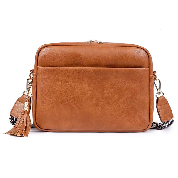 BAG CROSS BODY WITH LEOPARD PRINT STRAP TEXTURED PU IN BROWN