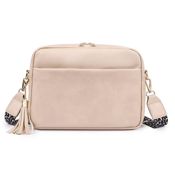 BAG CROSS BODY WITH LEOPARD PRINT STRAP TEXTURED PU IN BEIGE