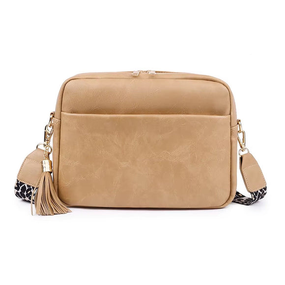 BAG CROSS BODY WITH LEOPARD PRINT STRAP TEXTURED PU IN KHAKI