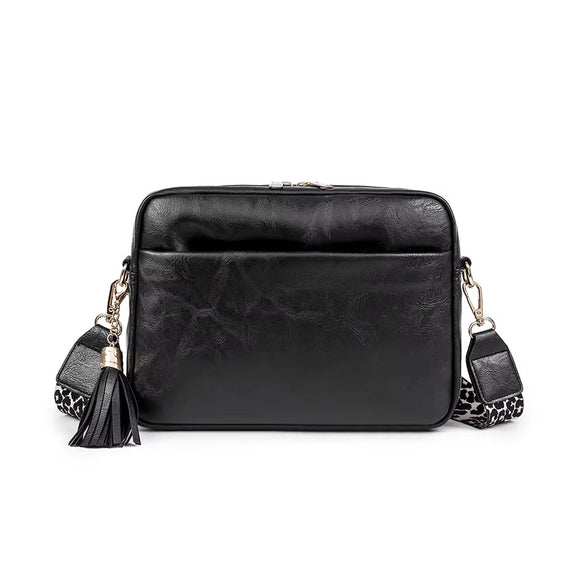 BAG CROSS BODY WITH LEOPARD PRINT STRAP TEXTURED PU IN BLACK