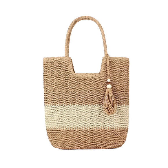 BAG TOTE STRAW FABRIC BROWN AND BEIGE WITH TASSEL