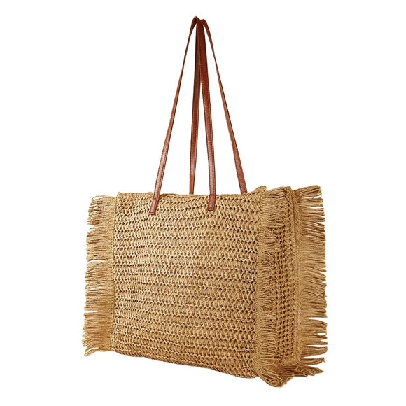 BAG TOTE STRAW FABRIC BROWN WITH SIDE RUFFLES