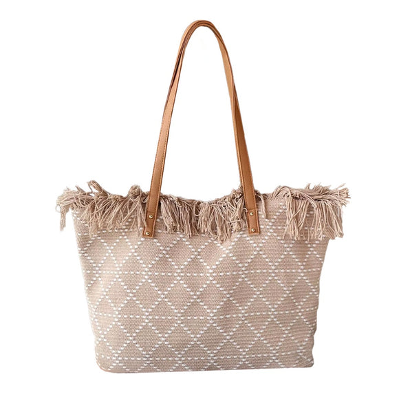 BAG TOTE WOVEN FABRIC KHAKI WHITE DIAMOND PATTERN WITH TASSELS