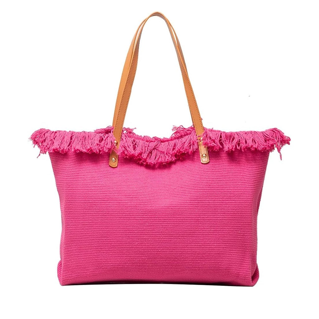 BAG TOTE WOVEN FABRIC CERISE PINK WITH TASSELS