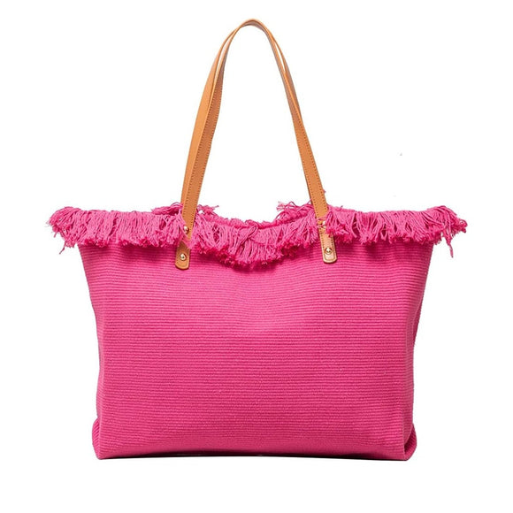 BAG TOTE WOVEN FABRIC CERISE PINK WITH TASSELS