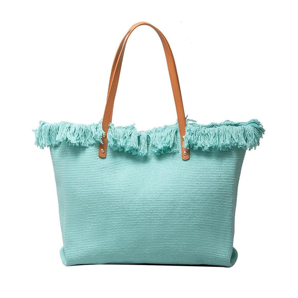 BAG TOTE WOVEN FABRIC AQUA WITH TASSELS