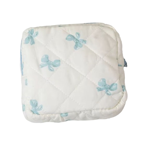 COSMETIC BAG SML SQUARE BLUE BOWS ON WHITE
