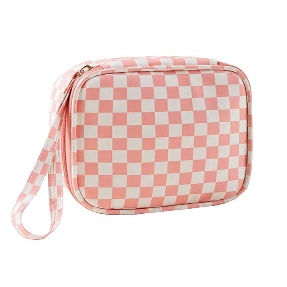 COSMETIC BAG SML SQUARE PINK AND WHITE CHECK PATTERN