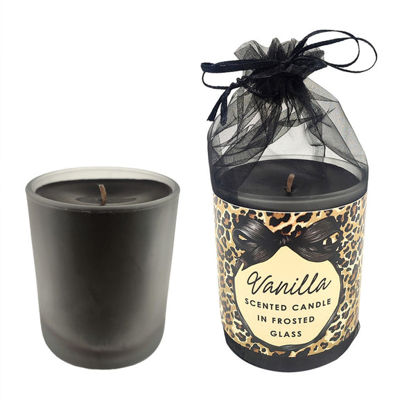 CANDLE IN FROSTED GLASS LEOPARD BOWTIQUE BLACK VANILLA SCENTED