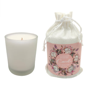 CANDLE IN FROSTED GLASS PROTEA DAWN LAVENDER SCENTED