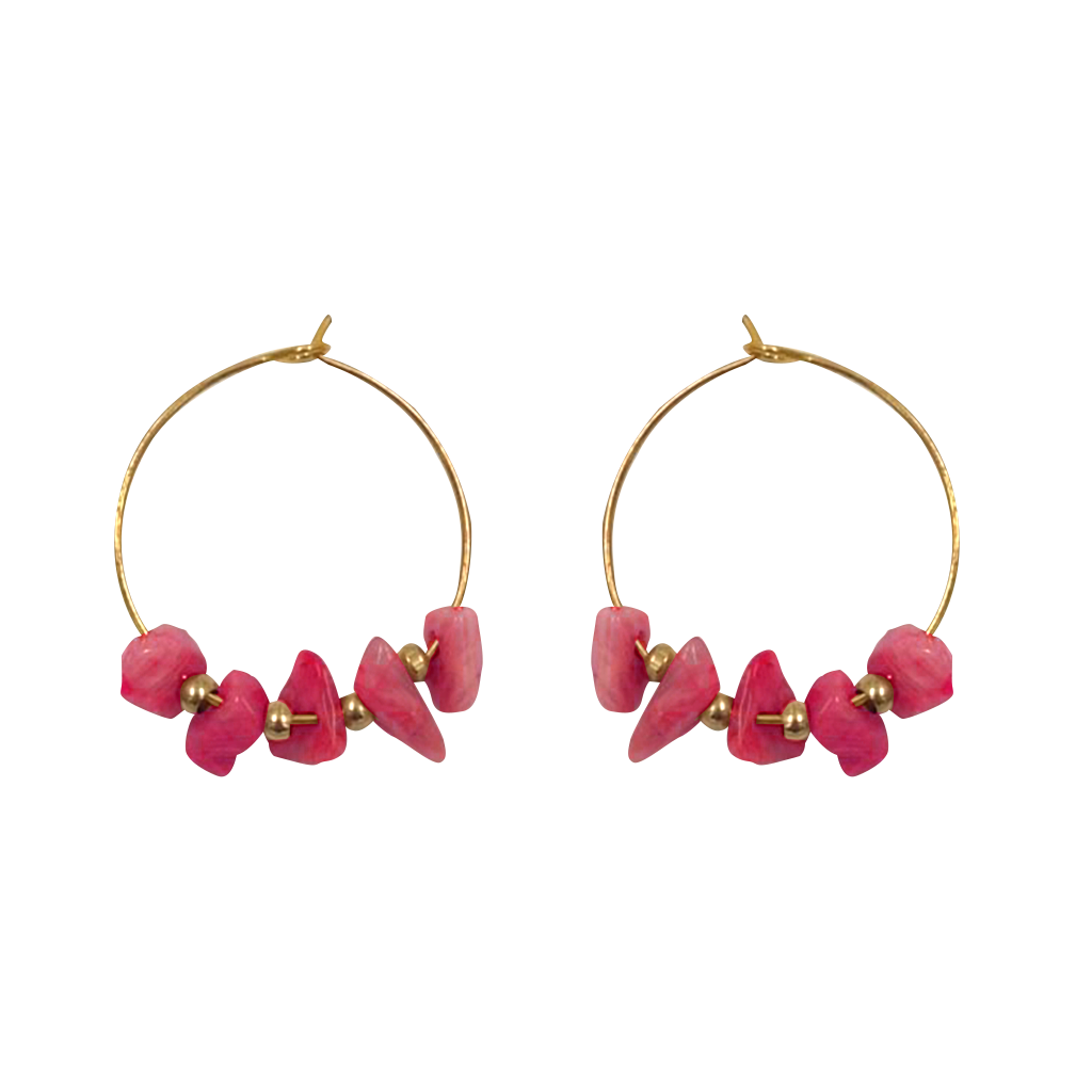 EARRING HOOP GOLD WITH STONE BEADS CERISE PINK