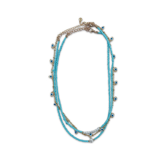 NECKLACE  MULTI AQUA BEAD & PEARLS  WITH GOLD EVIL EYE CHAIN
