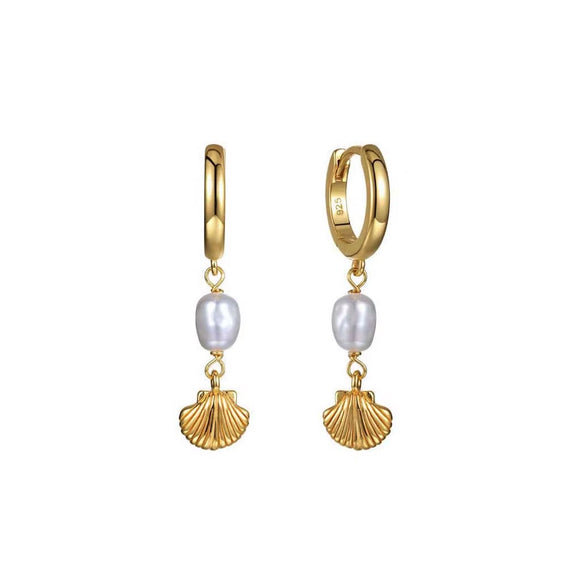 EARRING HUGGIE GOLD WITH PEARL AND GOLD SHELL