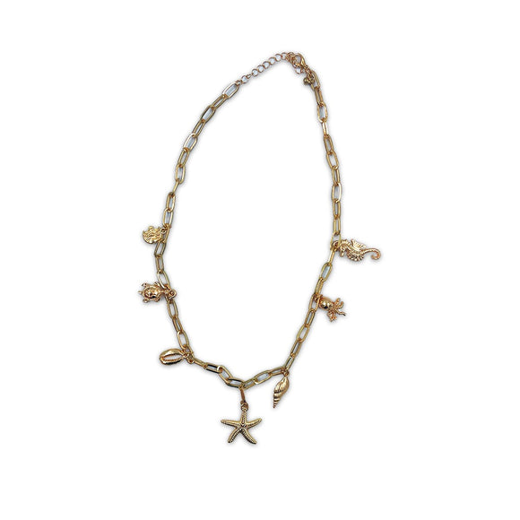 NECKLACE PAPERCLIP CHAIN GOLD WITH SEA CHARMS