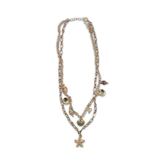 NECKLACE DOUBLE CHAIN GOLD WITH SHELLS & GOLD CHARMS