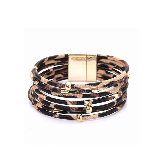 BRACELET 7 ROW CORD LEOPARD PRINT DESIGN WITH MAGNETIC BACKER