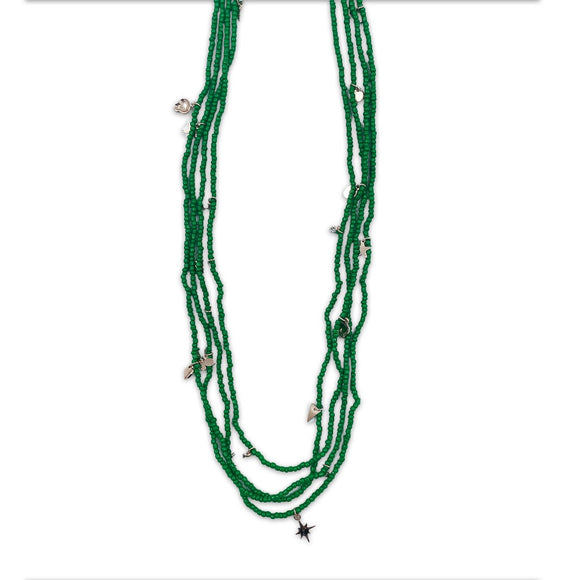 NECKLACE MULTI BEADED GREEN WITH GOLD CHARMS