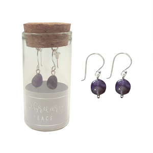 EARRINGS SILVER DANGLE BIRTHSTONE FEBRUARY SEMI-PRECIOUS AMETHYST