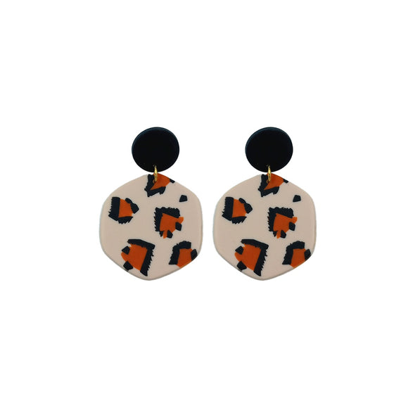 EARRING ROUND DANGLE LEOPARD PRINT BLACK, BEIGE & RUST