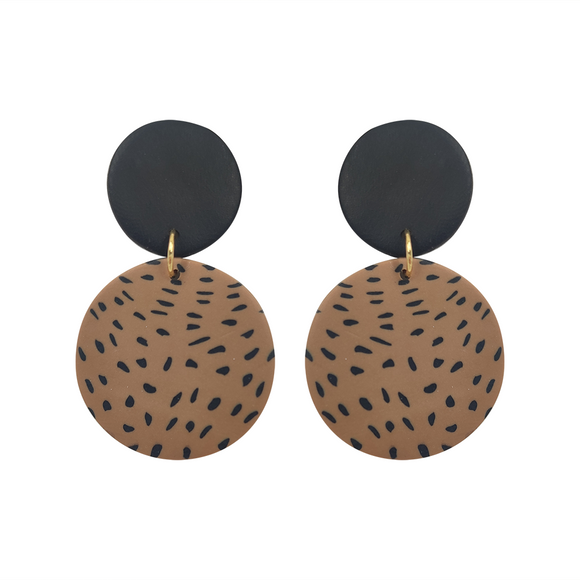 EARRING ROUND DANGLE BLACK AND CARAMEL WITH FLECKS