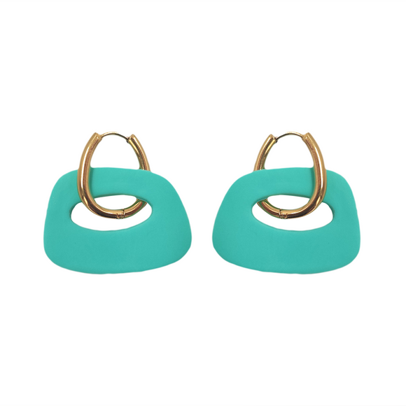 EARRING GOLD EGG SHAPE HOOP WITH RETRO PENDANT IN TEAL