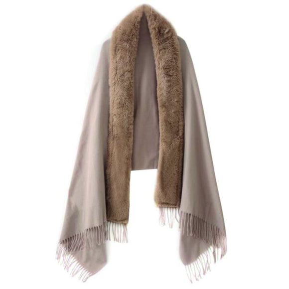 SHAWL WITH FAUX FUR TRIM IN TAUPE